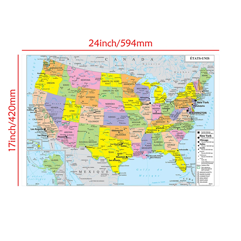 The United States Map with Details In French Wall Art Poster Canvas Painting Office School Supplies Home Decoration 59*42cm