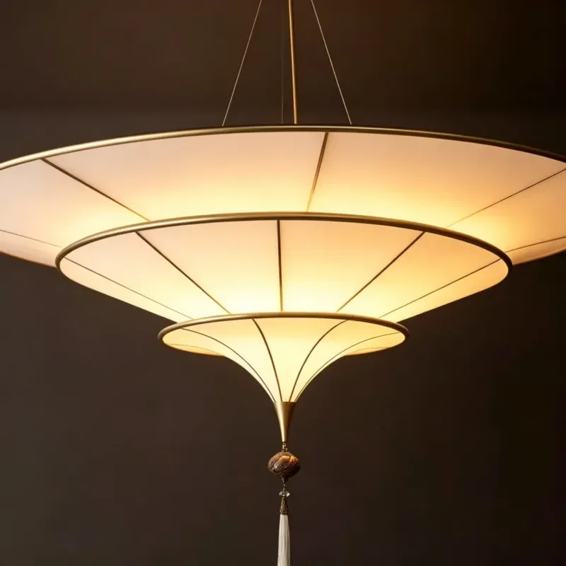 Modern three-layer umbrella chandelier, brass steel glass chandelier, with tassel, suitable for living room, foyer, villa