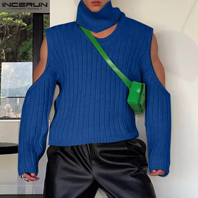 INCERUN Men Pullovers Solid Color Knitted Turtleneck Off Shoulder Long Sleeve Hollow Out Tops Streetwear 2024 Fashion Sweaters