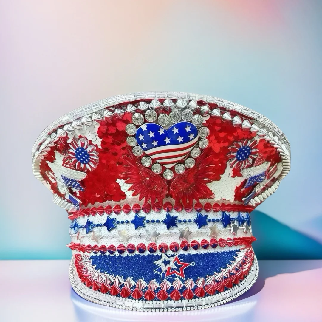 

HongLuan Blue Bling Captain Hat Rhinestone for Woman - Steampunk Military Cap Men Burning Man Music Festival & Independence Day