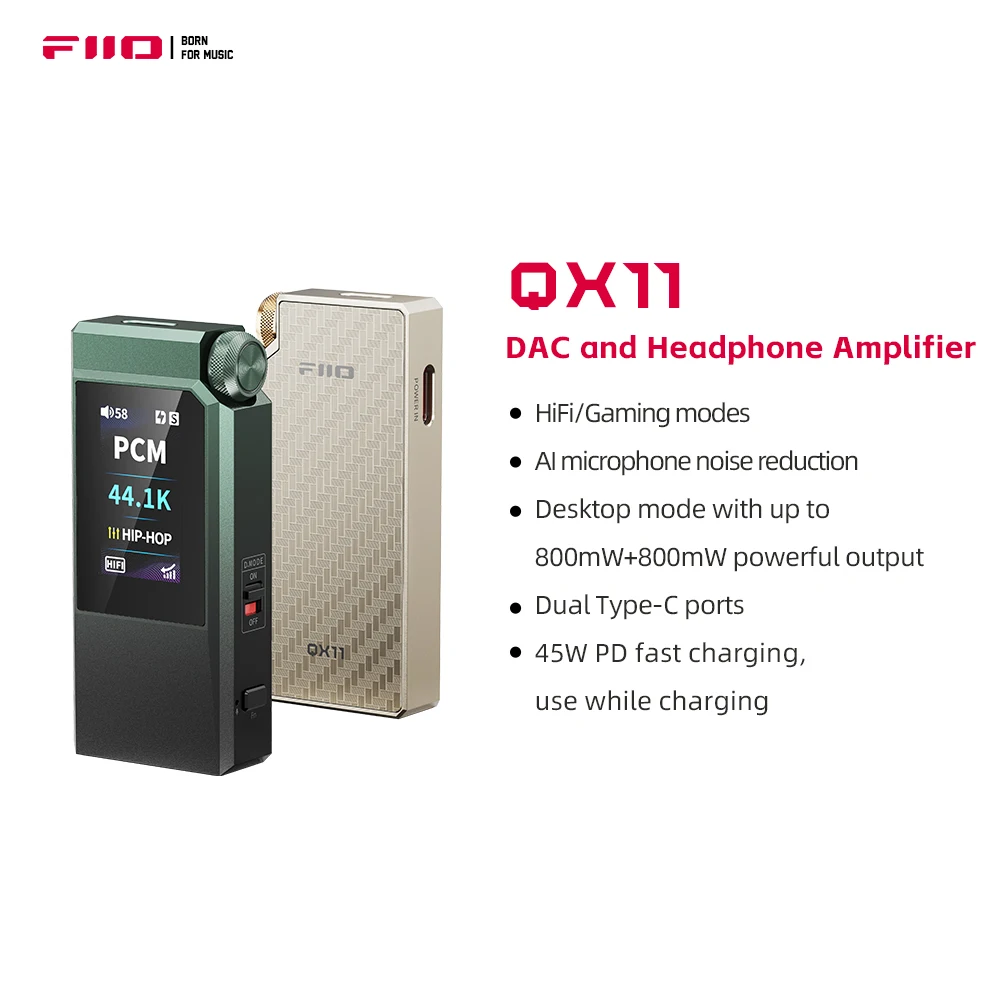 FIIO QX11 DAC Headphone Amplifier, HiFi & Gaming, Dual ES9069Q, 800mW+800mW, AI Mic Noise Reduction