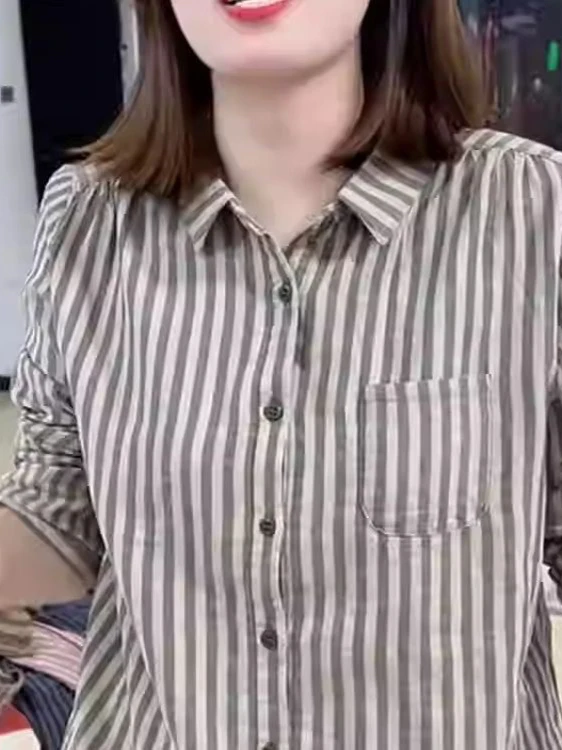 

Длинный све в полоску в стиле ретро, хлопковый ирт, женский свободный модный повседневный топ, весна-осень, новый воротник из полиэстера