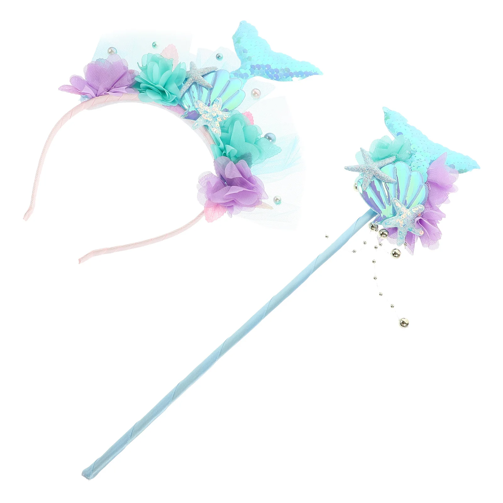 1세트 인어 소품 요정 지팡이와 반짝이는 꼬리 머리띠 생일 파티 코스프레 인어 테마 장식