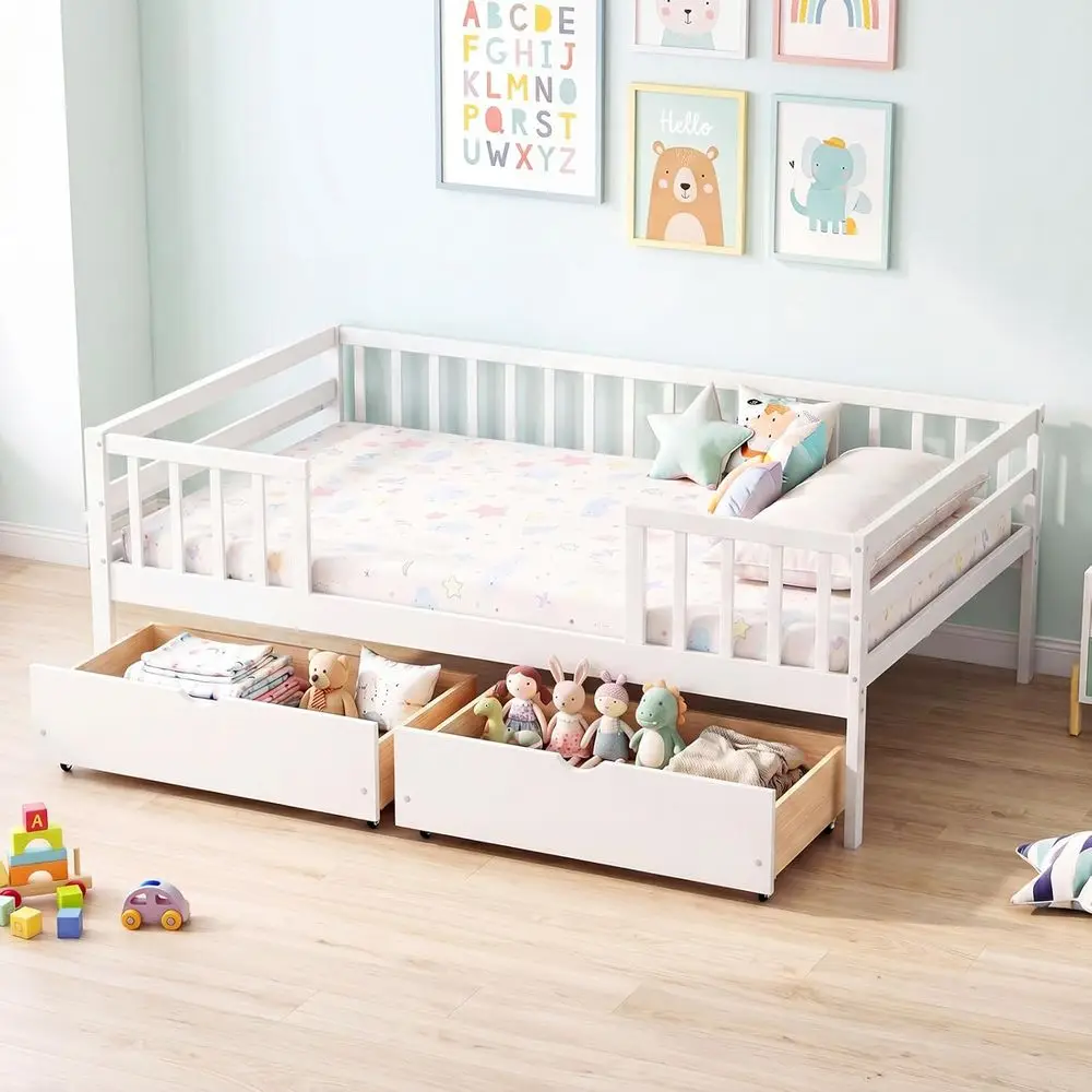 White Wooden Kids Bed with Storage Drawers, Side Shelves, and Rails, Suitable for Boys and Girls, No Box Spring Required