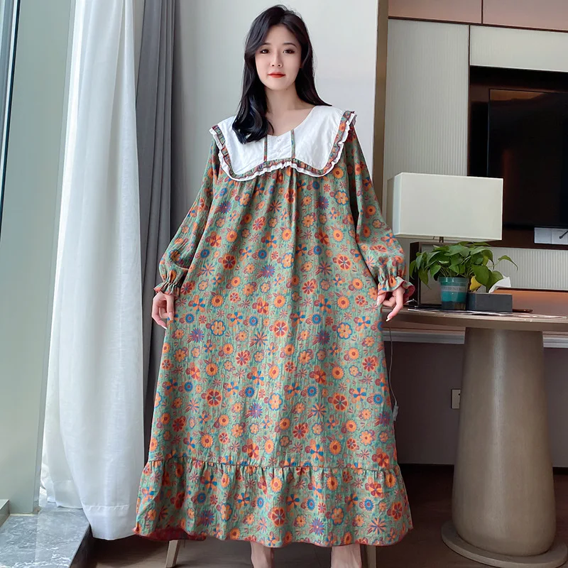 

Plus Size 5XL Women Pure Cotton Night Dress Autumn Winter New Sleepwear Printing Nightwear Nightgown Loungewear Home Clothes