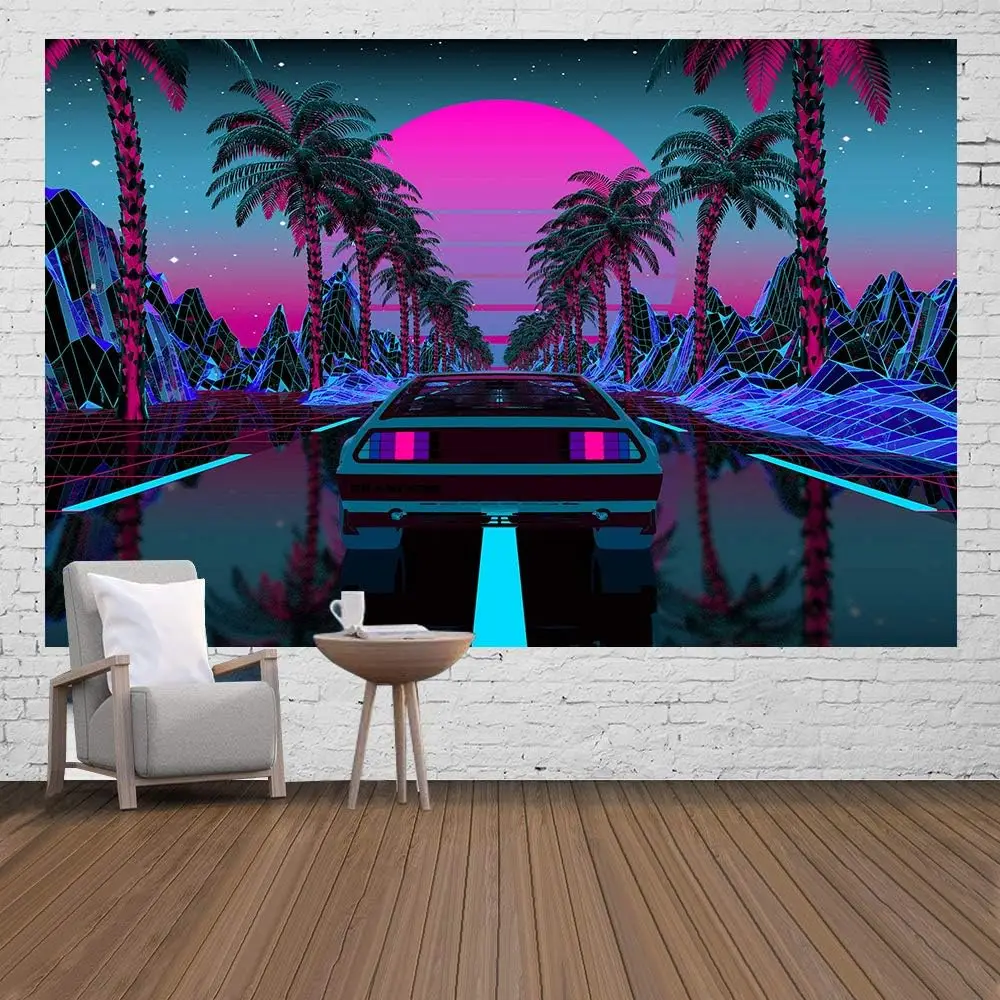 Urban Street Scene Tapestry Cars Palm Trees Sunset Starry Sky Poster Colorful Punk Wall Hanging Flannel Tapestry for Living Room