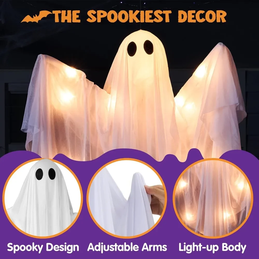 Halloween Hanging Light up Ghost with Spooky Warm White LED Light, 47” White Hanging Ghosts, Halloween Hanging Decoration