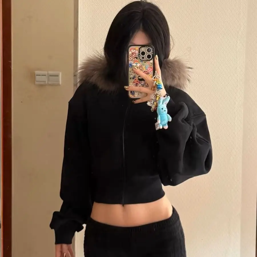 Black Fur Collar Zipper Hooded Sweatshirt Fashion High Street Trendy Zipper Hooded Sweatshirt Korean Style Zip Hooded Sweatshirt