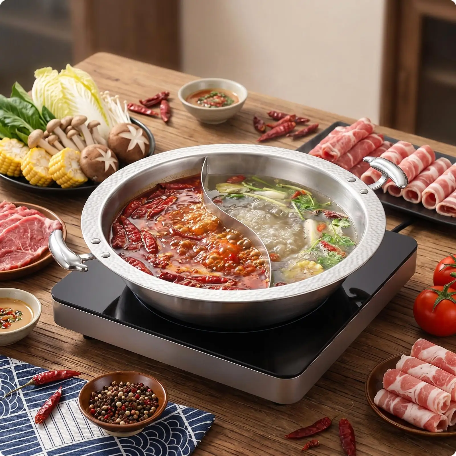 Dual Compartment Cookware Two Broth Hot Pot Stainless Steel 304 Composite Base with Cooking Pot Side Handle for Shared Dinner