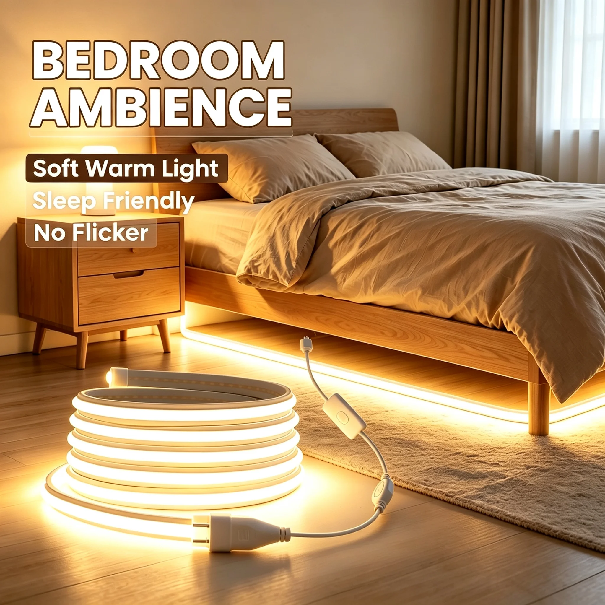 COB Neon LED Strip Light, 220V AC Pure Solid Silicone Waterproof Flame‑Retardant Cuttable Flexible Neon Rope Light for Bedroom