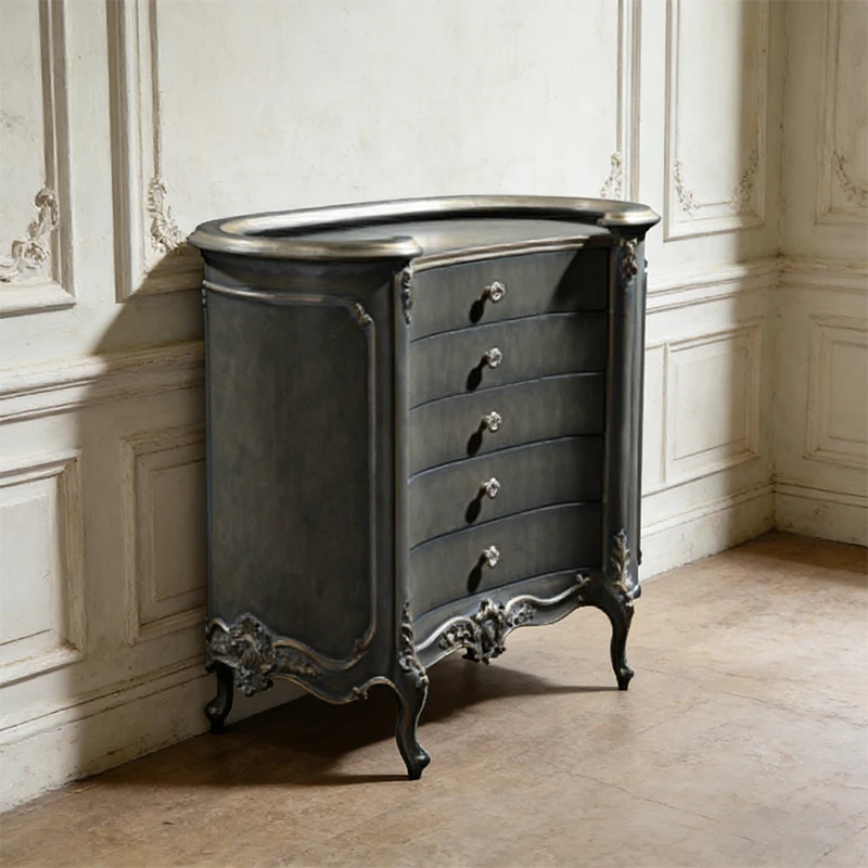 !@Customization Gray Birch Wood Veneer French Luxury Antique Storage Cabinet with 5 Drawers for Living Room & Bedroom