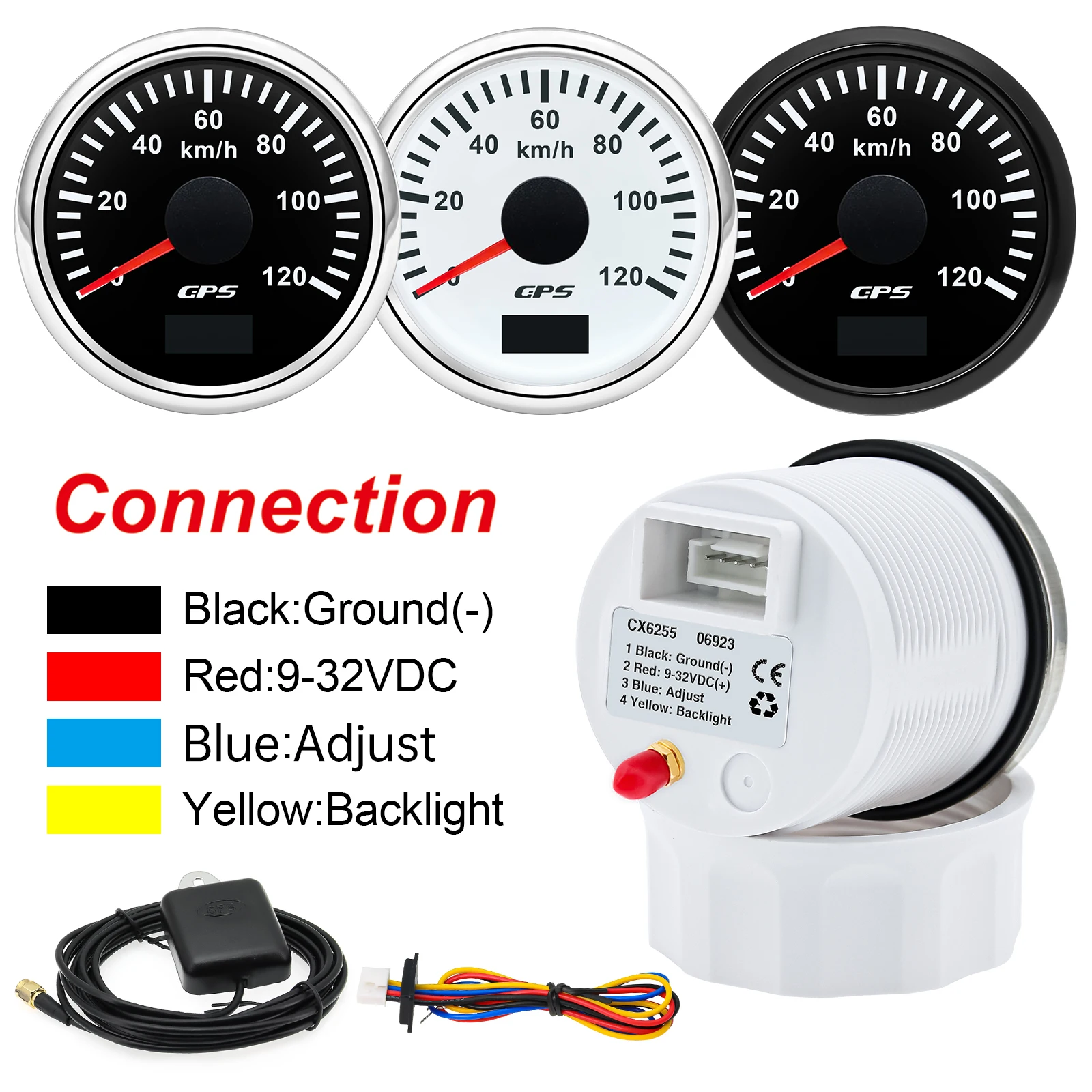 100% 530/60/80/120/200 km/h GPS-Tachometer mit GPS-Antenne, 52 mm, Geschwindigkeitsmesser für Auto und LKW, mit 7-Farben-Hintergrundbeleuchtung, 9-32V – Detail 6