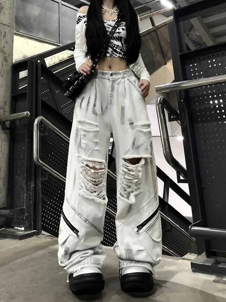 

Women Vintage White Ripped Cargo Jeans Female Harajuku Y2k High Street Baggy Denim Trousers Oversize 2000s 90s Streetwear Pants