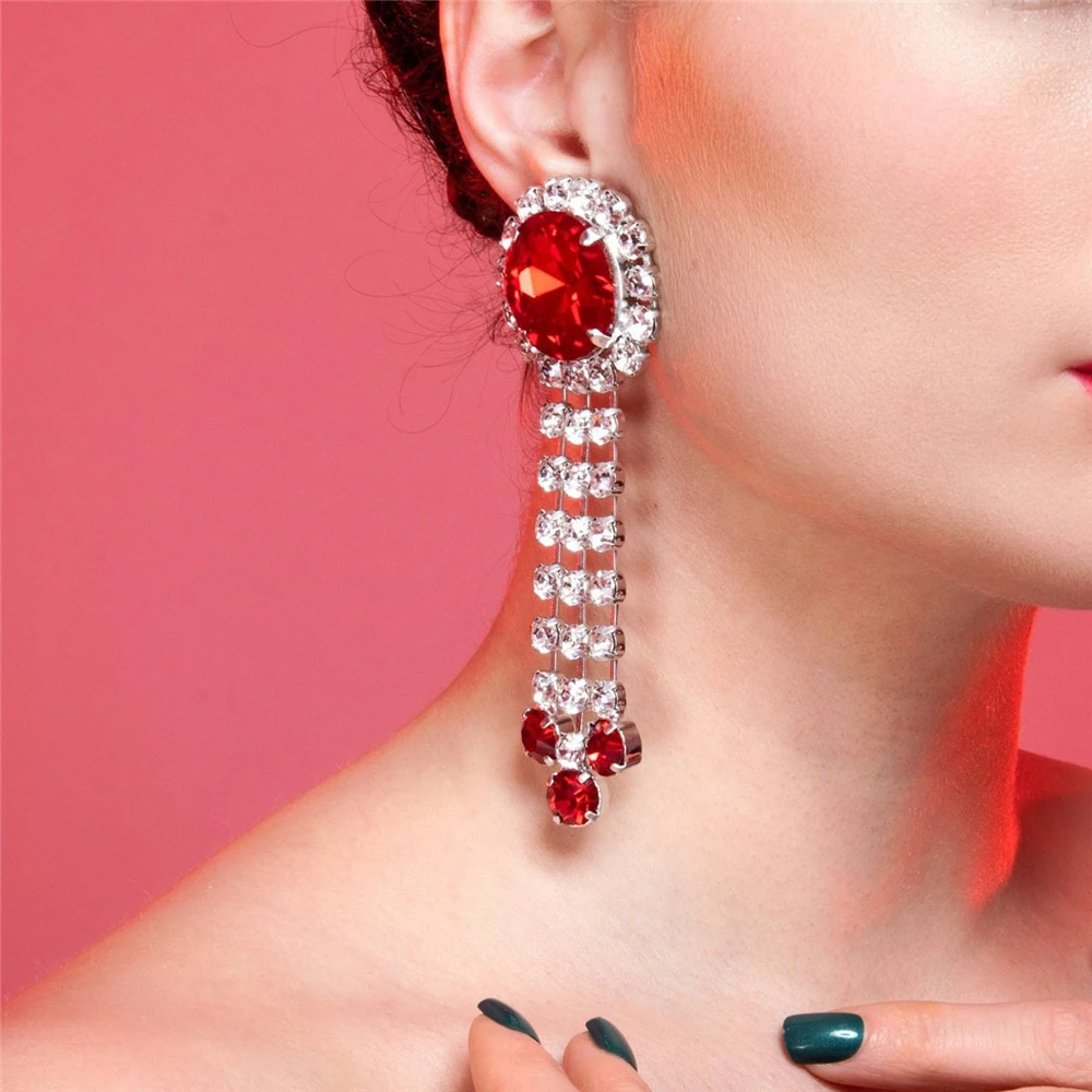 Fashion Long Tassel Red Crystal Drop Earrings for Women Bijoux Geometric Full Rhinestone Earrings Statement Jewelry Gifts image 6