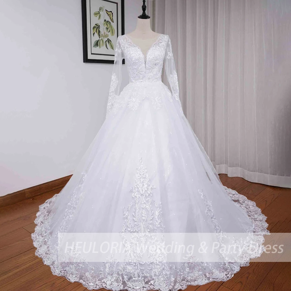 Princesa vestido de baile vestido de casamento vestido de noiva de manga longa com decote em v plus size robe de mariee rendas beading vestido de noiva