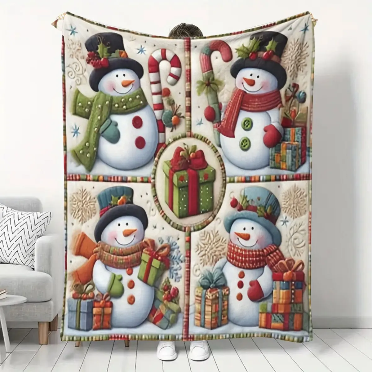 Cute Snowman Pattern Flannel Blanket Soft Warm Blanket, Suitable for Sofa Blanket, Home Leisure Blanket, Air-Conditioning Blanke