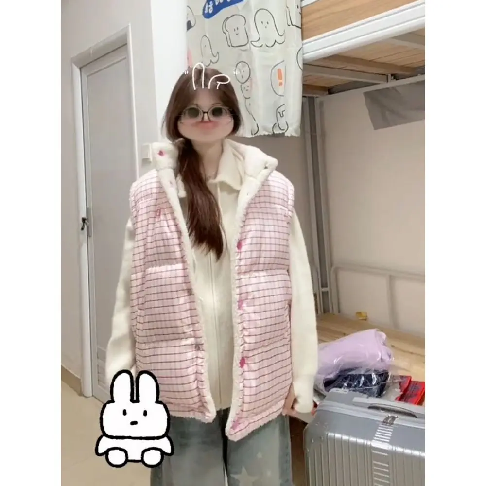 

Корейский двусторонний жилет в розовую клетку для женщин, повседневный, для работы и прогулок, теплый, с принтом, из полиэстера, повседневный стиль