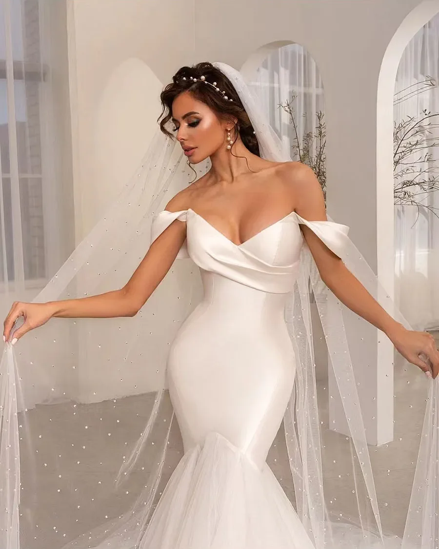 Mode weiße Brautkleider Satin sexy Meerjungfrau von der Schulter wischen Brautkleider sexy rücken freie ärmellose Vestidos de Novia