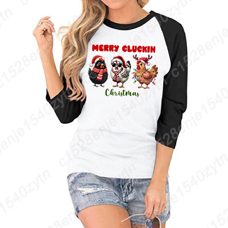 Women Fashion Christmas Light Cock Merry Cluckin Christmas Seven Sleeves Shirts Summer Round Neck Creative Personalized T-shirts