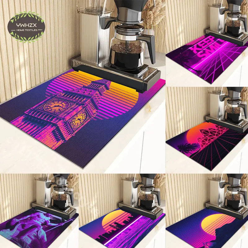 Neon Night City Street Drain Pad 80s Fantasy Vaporwave Style Door Mat Kitchen Carpet Bathroom Home Entrance Tablemat Dish Drying