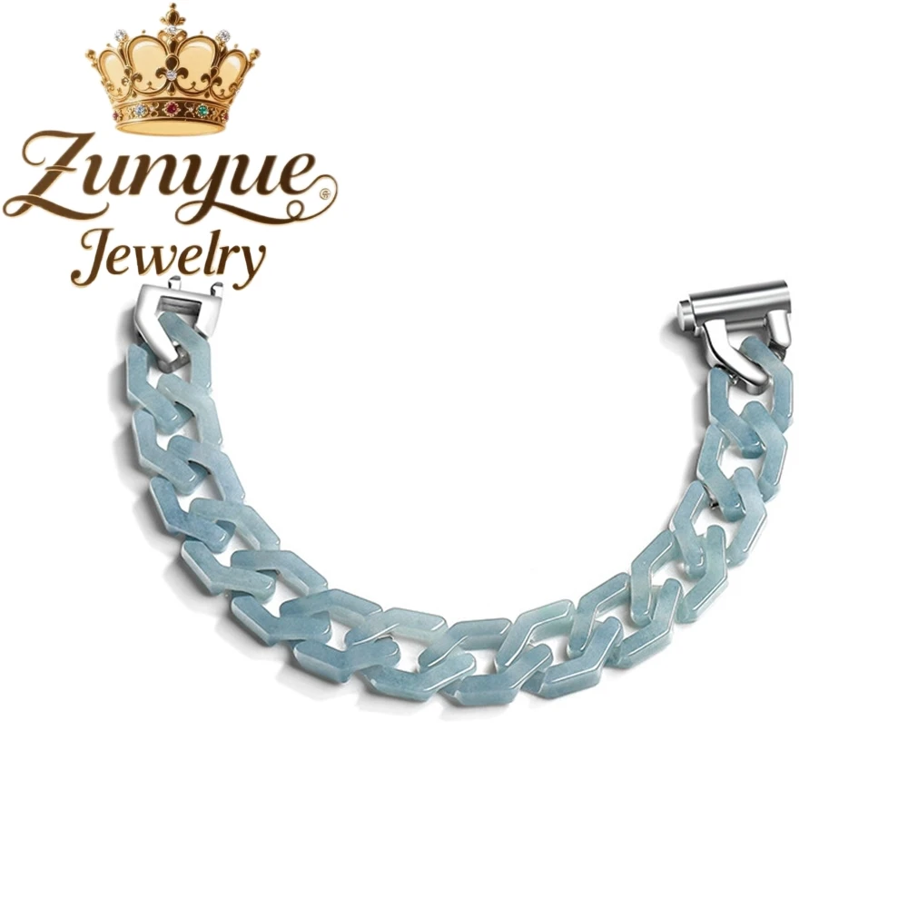 Genuine Natural A-Grade Jade Blue Water Rhombic Cuban Chain Bracelet Necklace Jade Titanium Steel Hip-Hop Style Trend Charms