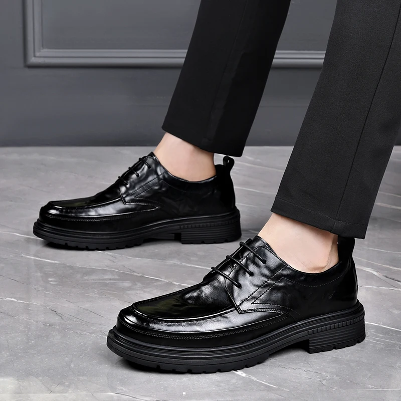 

Business Casual Leather Shoes Men's Genuine Feet Wide and Trendy High Sensation Spring Autumn Low Cut Big Head Wedding Groom