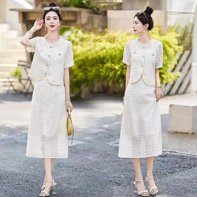 

UNXX Chic Style Lace Suit for Women, 2024 Summer New Fashionable and Elegant Popular Skirt Two-Piece Set Female Office Lady Hot