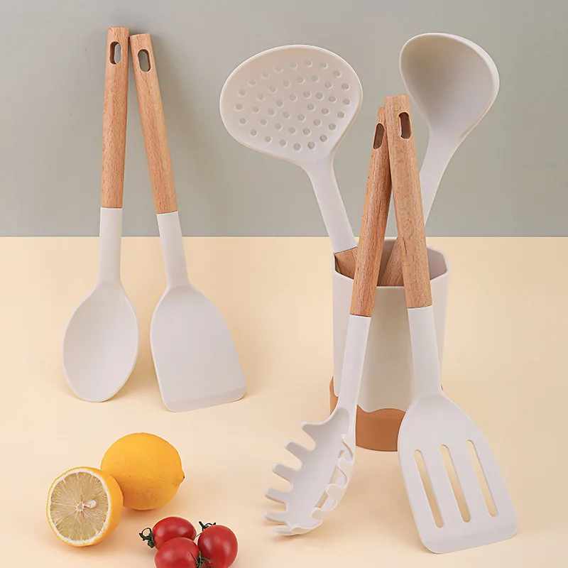 White wooden handle kitchen cooking tools silicone kitchenware seven piece set silicone spatula kitchen utensils cooking stir fr