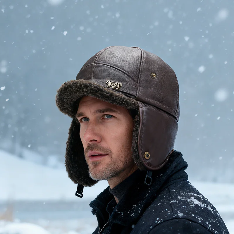 NORTHWOOD Herren-Winter-Baseballmütze, Trucker-Mütze mit Ohren- und Halsklappen, Kunstleder, für den Außenbereich, mit Fleece gefüttert, winddicht, Bombermütze, 58 cm