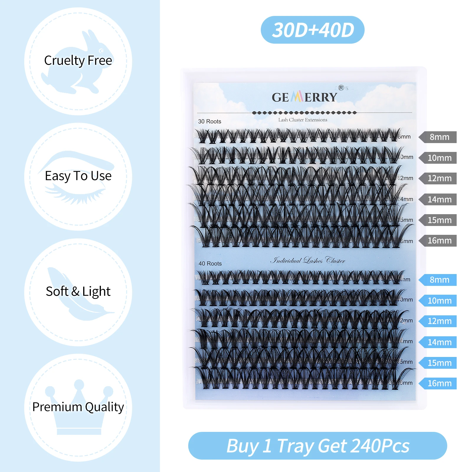 Gemerry Cluster Individual Lashes 240 pcs Large Tray 30P/40P Premade Volume Fans Fox Eye Effect Cosplay Lashes Extension Makeup