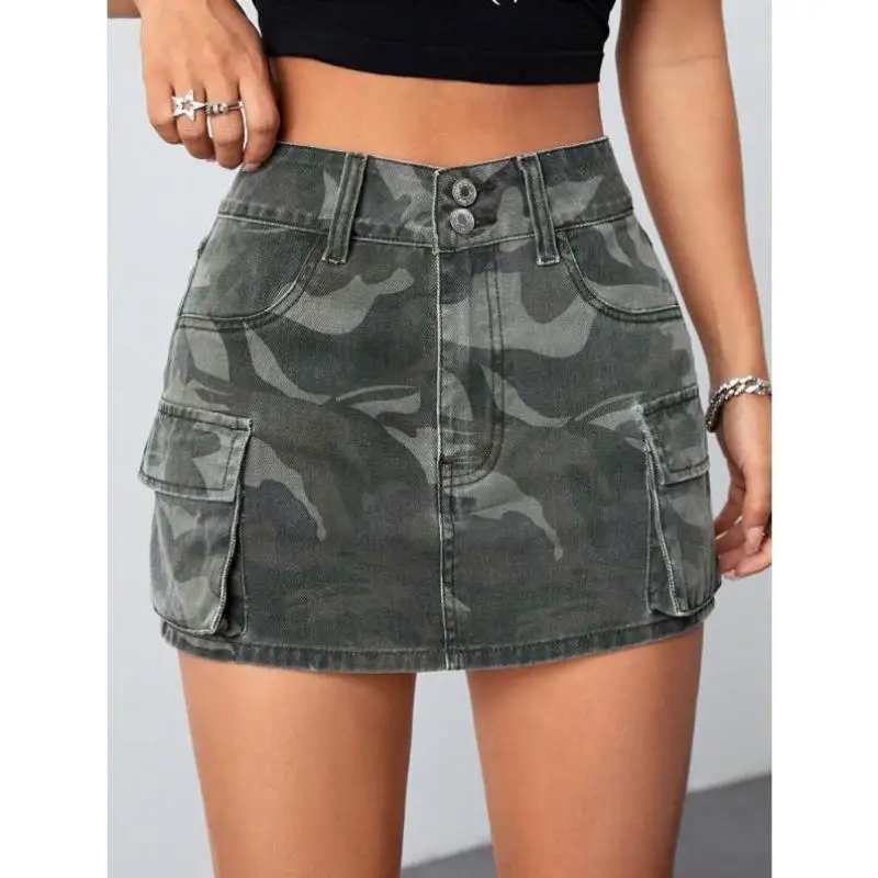 

Camouflage Print Folr ket Denim Skirt Cotton Casual Sportswear Set Men's Seven Sve T-irt ort Pants