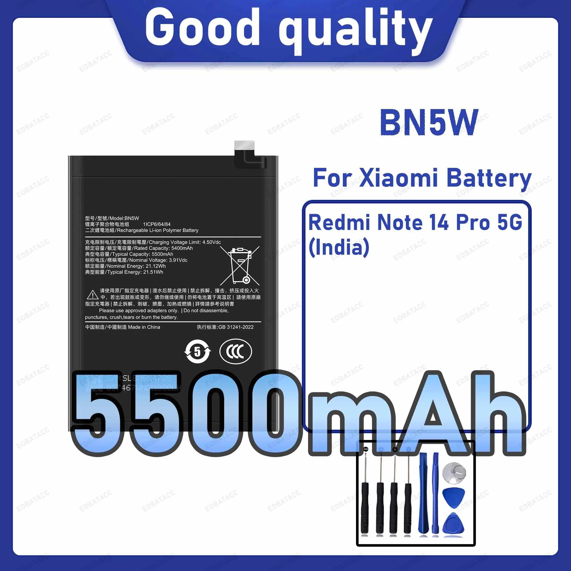 5500mAh BN5W Replacement Battery for Xiaomi Redmi Note 14 Pro 5G (India) with Repair Tools Kit