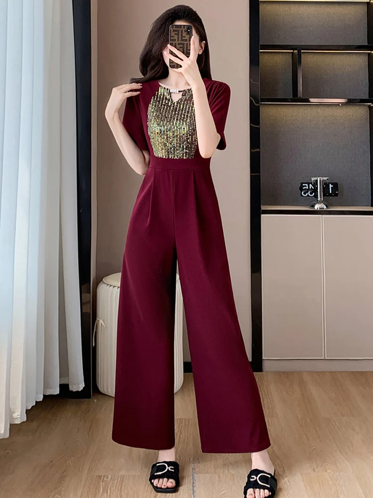 

2024 Summer For Women Fashion Sequined Splicing Short Sleeve Jumpsuits Ladies Elegant Office OL High Waist Slim Wide Leg Rompers