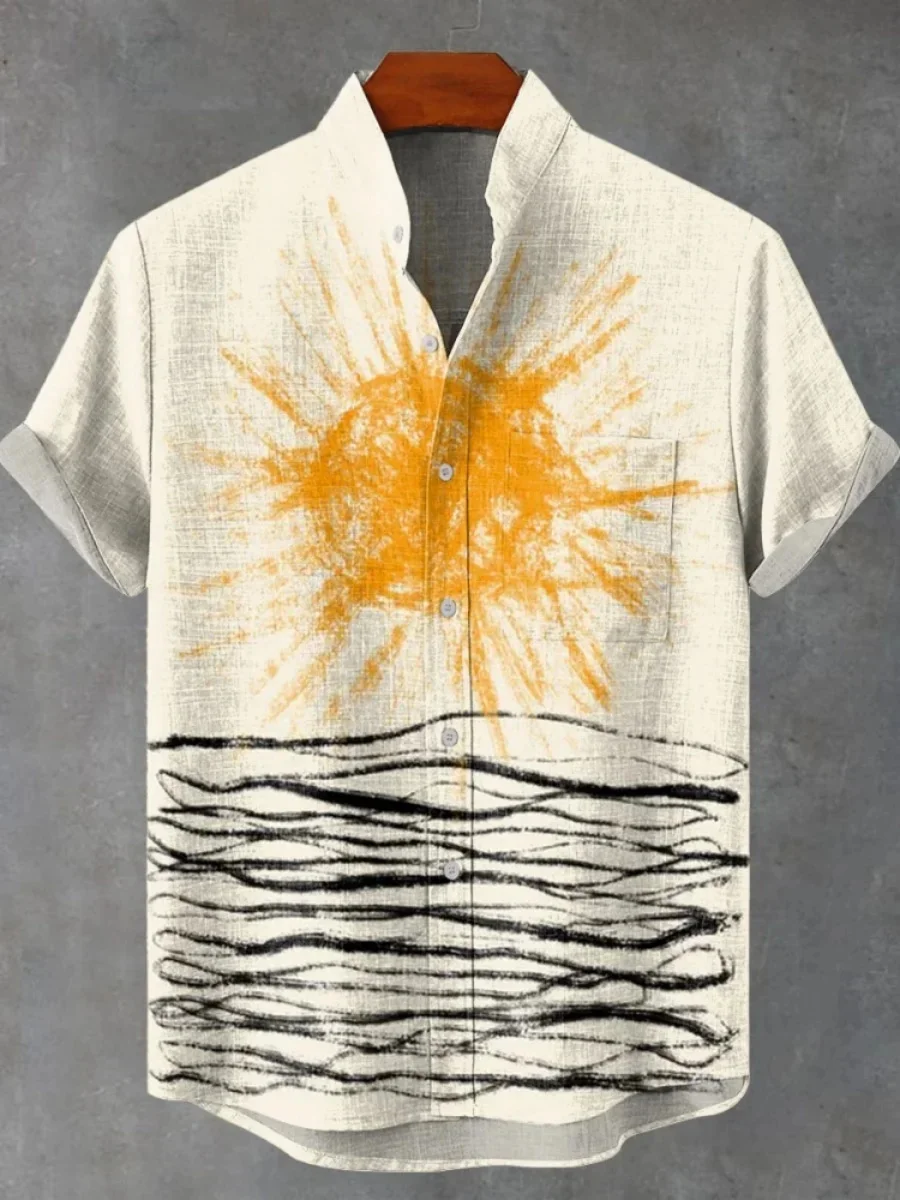 2025 Men's Sunburst Short Sleeve Shirt Summer Retro New Linen Shirt Men's Short Sleeve Casual Vacation Street Fashion Shirt