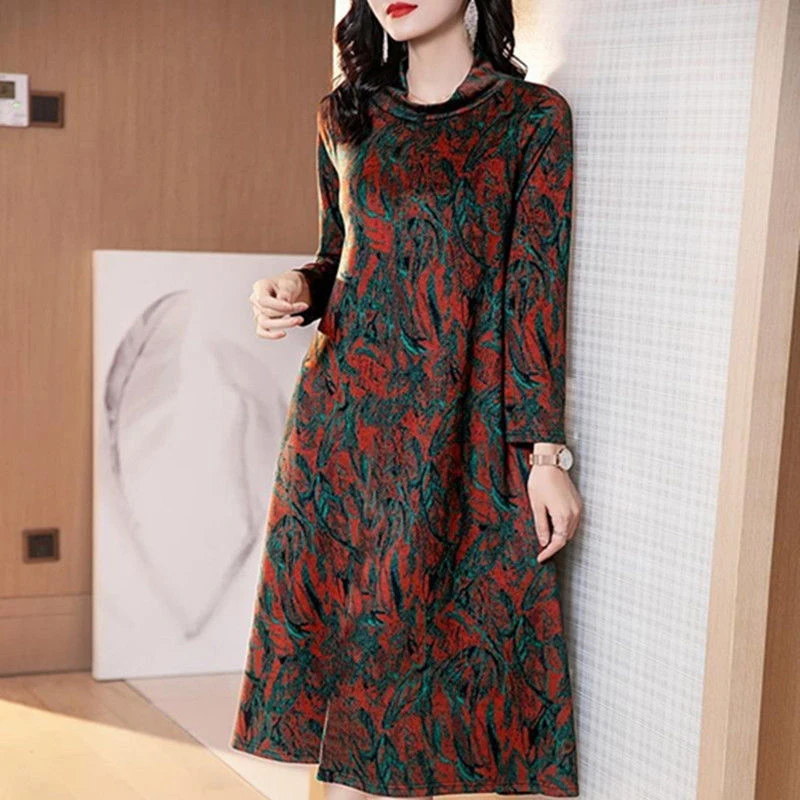 Autumn Winter Literary Vintage Ethnic Style Printing Dress Female Long Sleeve Loose Casual Elegant Robe Women Oversized Vestidos