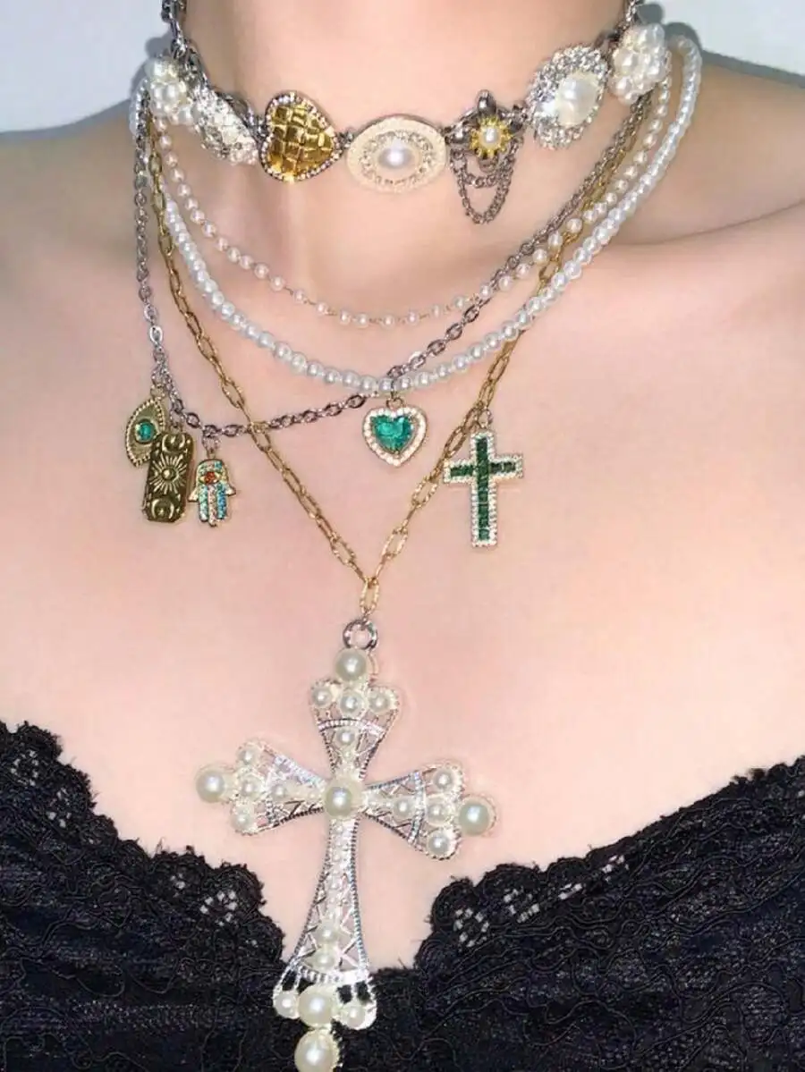 

Vintage Multilayer Cross Heart Pendant Necklace Set For Women