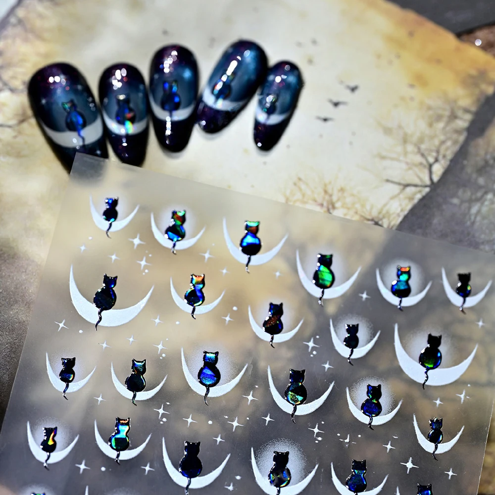 1 ورقة لامعة الليزر القط ضوء النجوم مسمار الفن ملصق مائي القط الظل على القمر ذاتية اللصق مانيكير المنزلق مسمار اكسسوارات الديكور