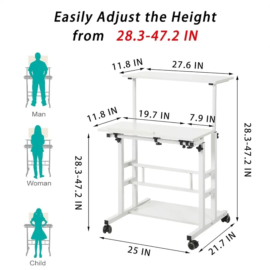 Escritorio de pie portátil con ruedas, estación de trabajo móvil de altura ajustable para oficina en casa y trabajo remoto, escritorio versátil con soporte para sentarse w