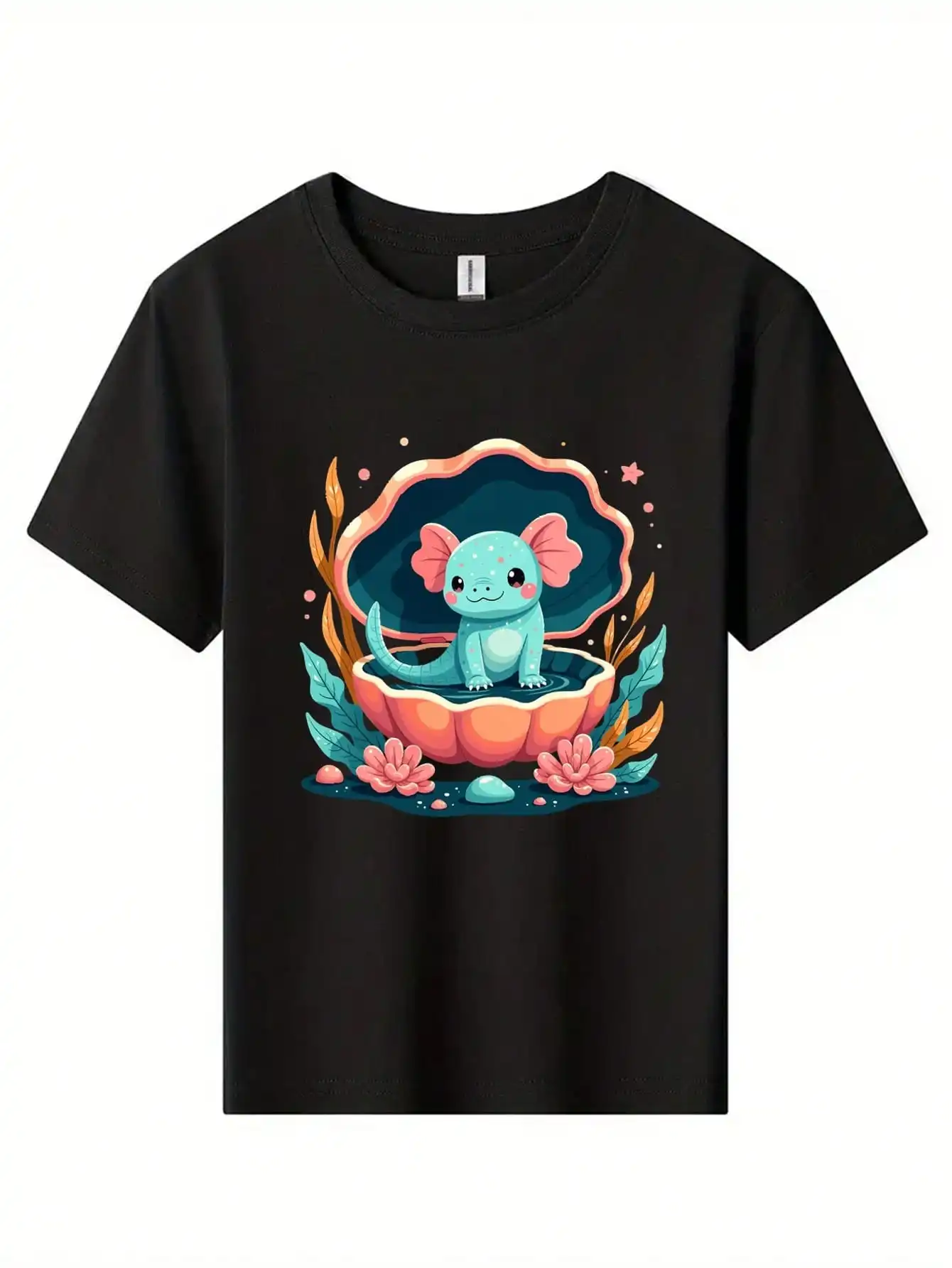 

Хлопковая футболка Magic Creatures, черная футболка с милым аксолотлем в оболочке, летние топы Ocean Adventure