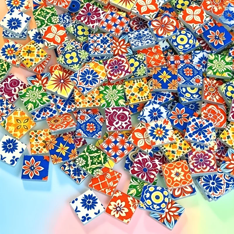 100/200g of Colorful Mosaic Materials, 2.3*2.3cm Floral Print Square Mosaic Glass Tiles, Suitable for DIY Handmade Coasters, Picture Frames, Storage Boxes, Vase Decorations, Candle Holders, Tray Making, and Can Be Used