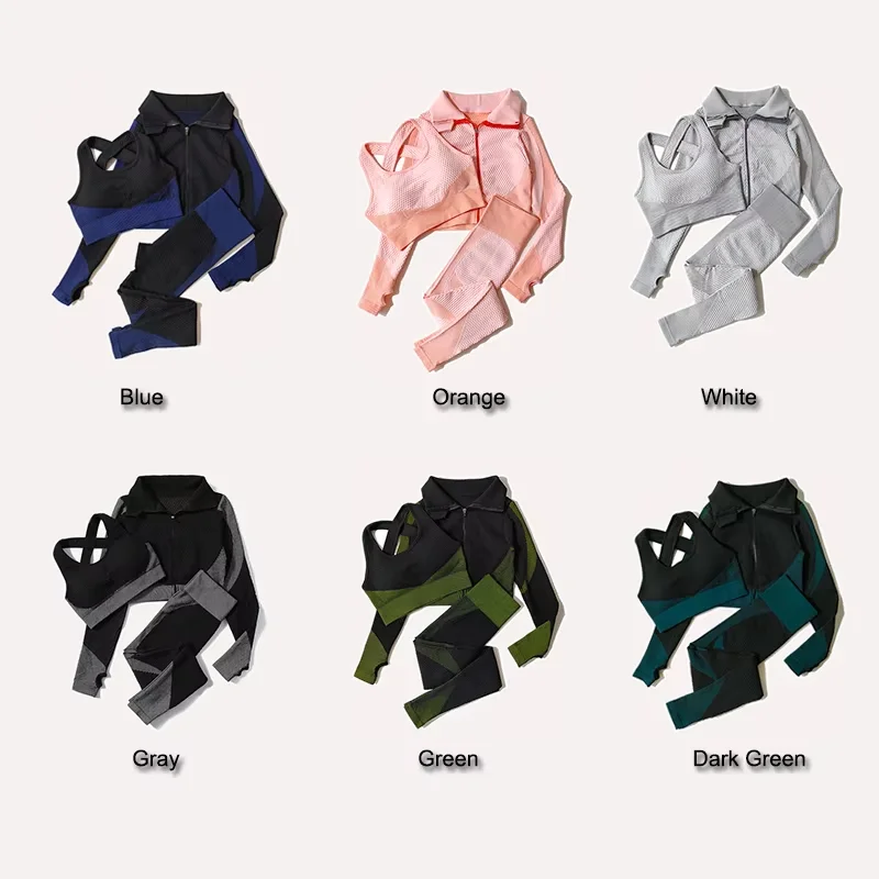 2/3Pcs Women Yoga Suit Seamless Knitted Yoga Pants Leggings Clothing Zipper Long Sleeve Crop Top Fitness Wear Sportswear Gym Set