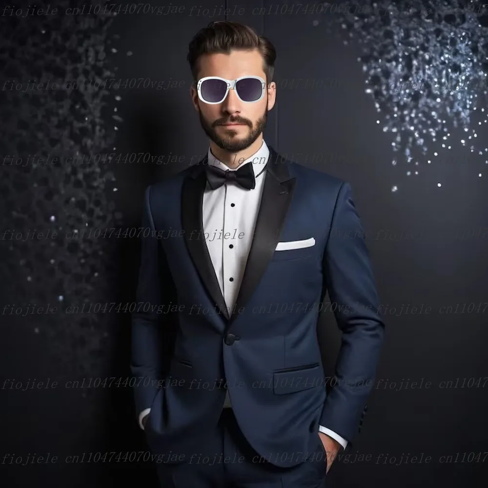 

Black Collar Navy Blue Men Suit Formal Wedding Party Groom Groomsman Prom Male Tuxedos Customize 2 Piece Set Jacket Pants