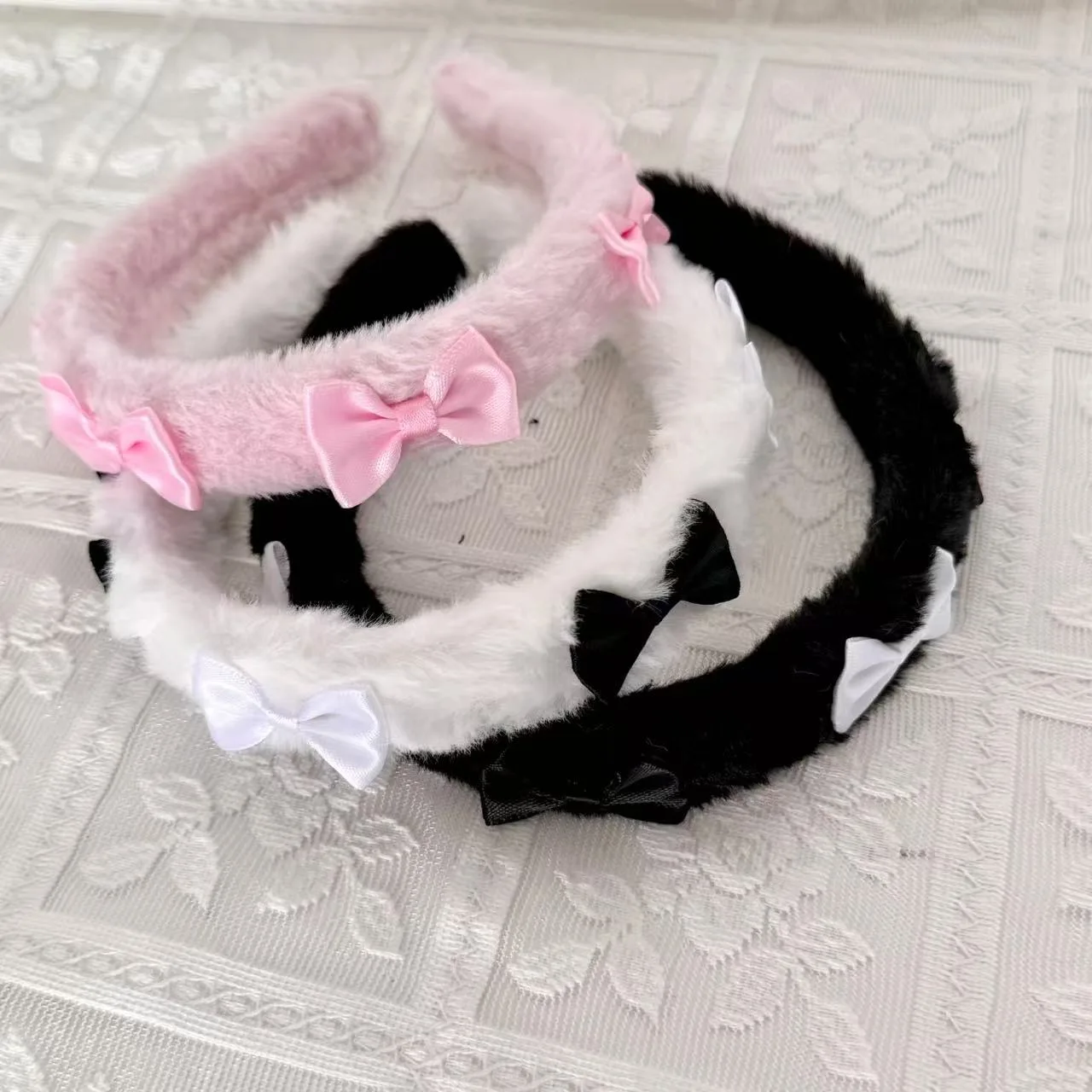 

Creative Handmade Bow Plush Headband Lolita Bowknot Ribbon Headwear Cute Photo Props Sweet Lace Hairband Female