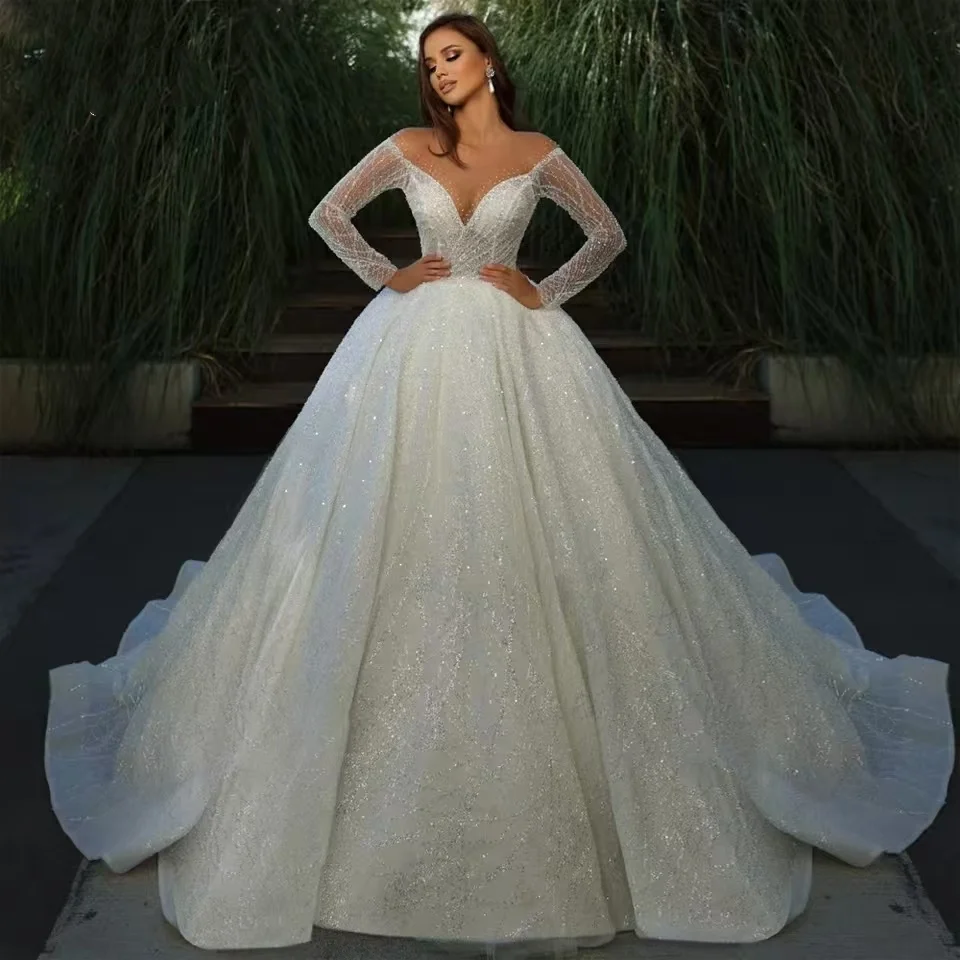사용자 정의 구슬 v-목 볼 가운 웨딩 드레스 럭셔리 반짝이 긴 소매 레이스 공주 신부 드레스 vestido de noiva