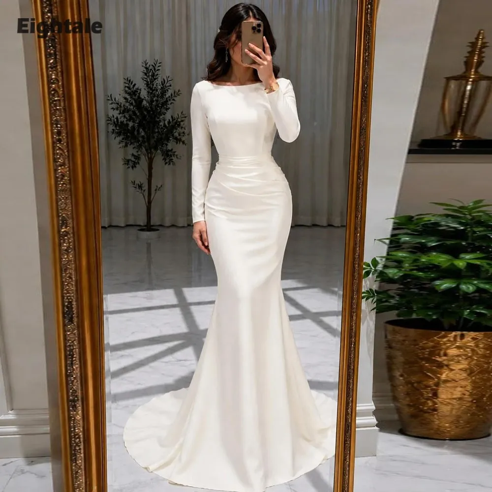 Eightale Arabisches Hochzeitskleid, maßgeschneidert, elfenbeinfarben, O-Ausschnitt, Spitze, muslimisches Meerjungfrau-Brautkleid mit langen Ärmeln, Cape, Braut-Partykleid