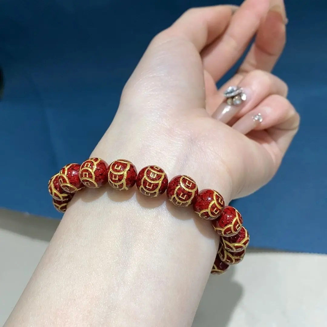 Chinese Ethnic Style Natural Cinnabar Baifu Bracelet Crystal Sand Carved Coin Bracelet Hundred Blessing Round Bead Hand String