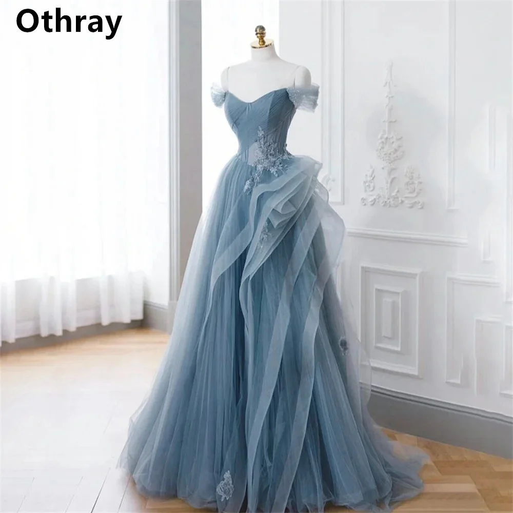 

Othray 2025 Dusty Blue Prom Dresses Lace Applique Off The Shoulder Elegant Formal Evening Gowns Wedding Party Robe