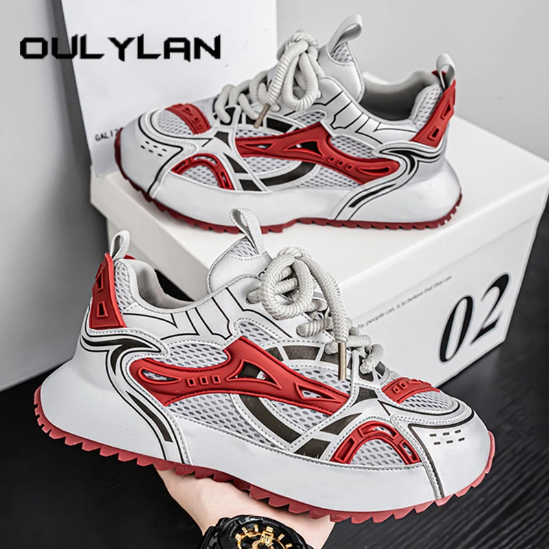 

Oulylan Casual Color Blocking Men Footwear Fashion Thick Soled Lace Up Sneakers Outdoor Sports Breathable Mesh Running Shoes