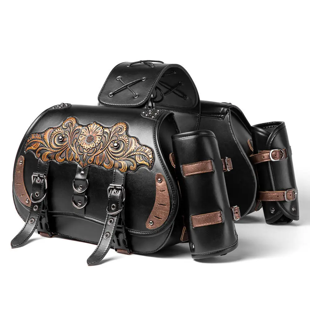 Industrial Retro Style Heavy-Duty Motorcycle Side Bag Embossing Flower Partern Pu Leather Knight Medieval Steampunk