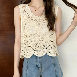 Crochet Top Floral Lace Sleeveless Semi Sheer Open-knit Blouse Elegant Cream White Vest Summer Boho Vacation Outfit